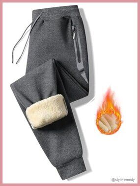 Men's Sherpa Lined Fleece Sweatpants Zip Pockets Winter Warm